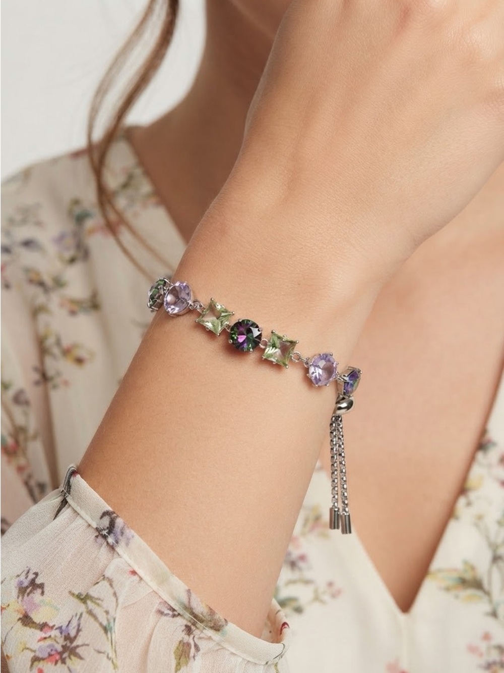 Iridescent Green & Purple Bracelet | Adjustable Silver Tone Rhinestone Bracelet